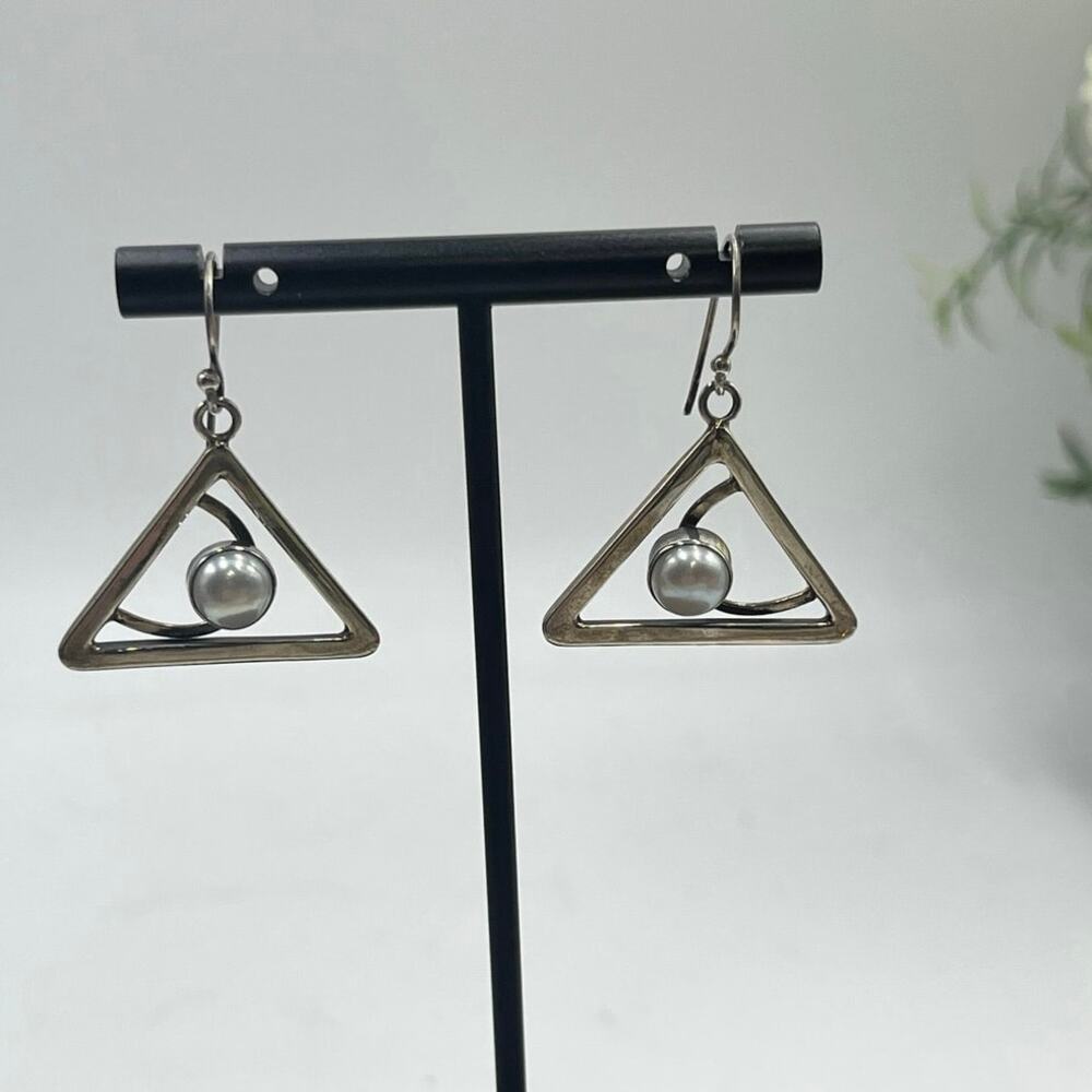 Sterling Silver Triangle 6-7mm Cultured Pearls Modern Geometric Drop Earrings